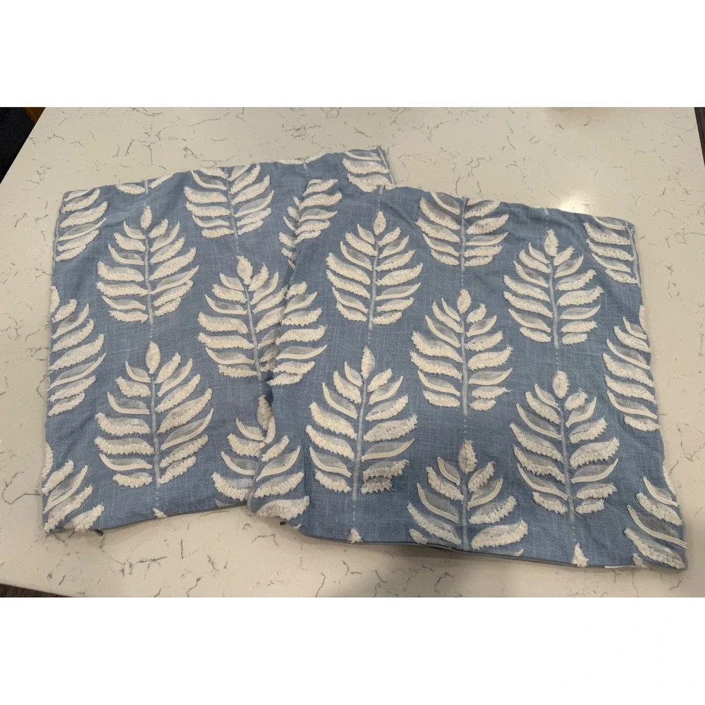 Set of 2 Blue White Tufted Leaf Throw Pillow Covers Square Coastal Farmhouse